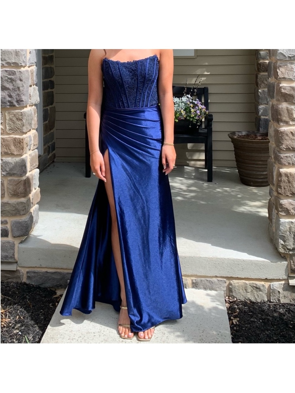 Strapless Navy Blue Satin Evening Gown with Slit Sherri Hill size 4 55419